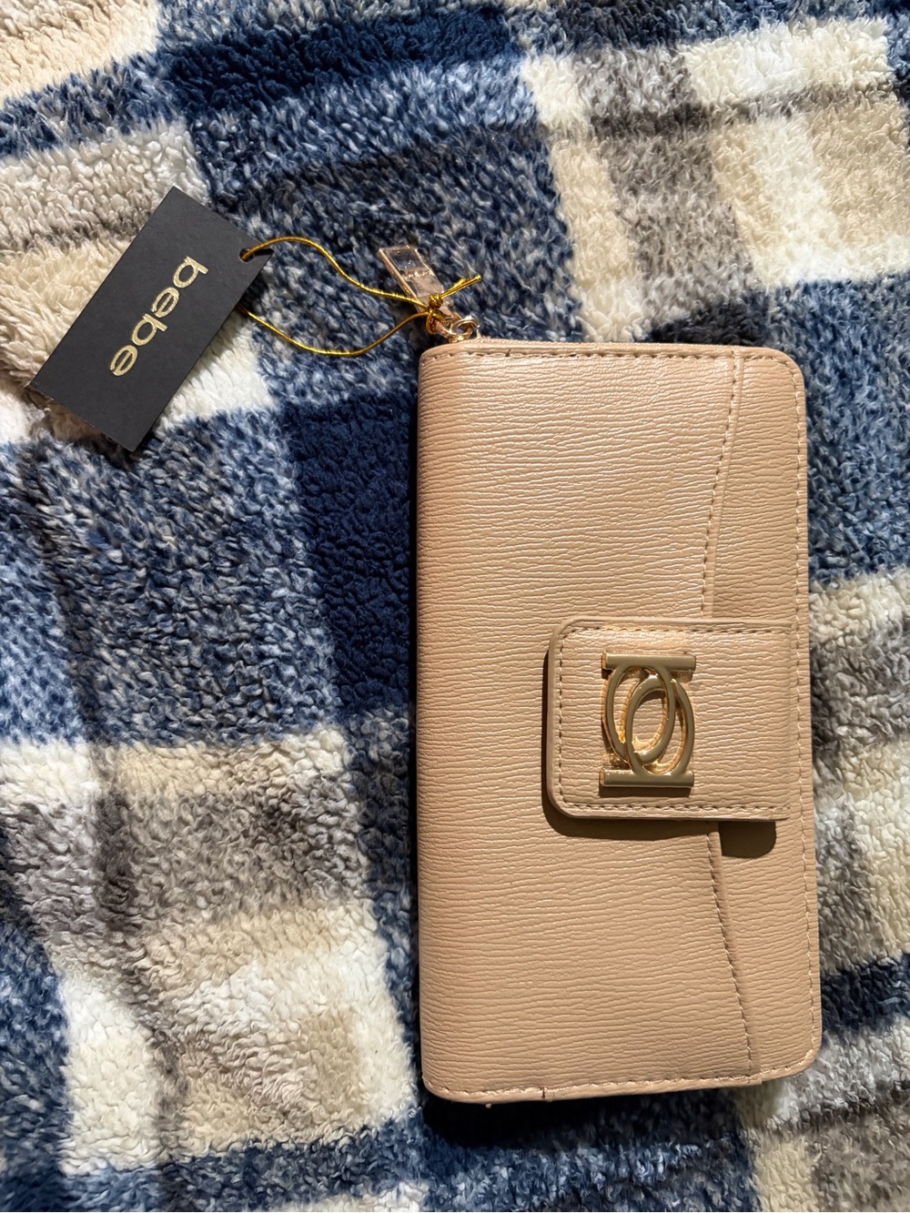 bebe Blush Beige Leather Phone Wallet with Gold Hardware